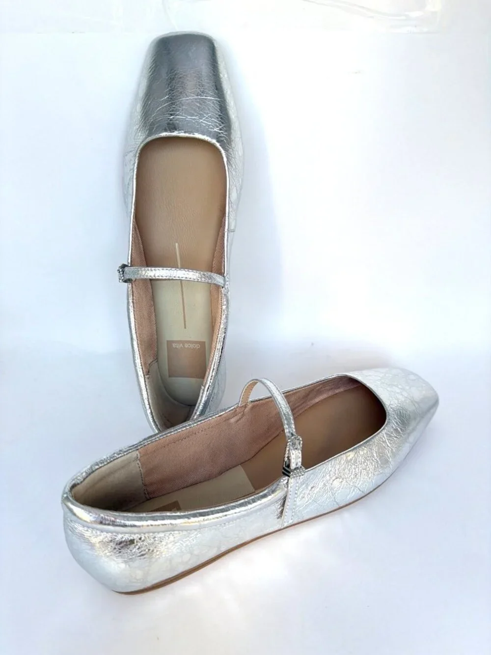 Dolce Vita Reyes Silver Distressed Leather Mary Jane Square-Toe Flats Size 6.5